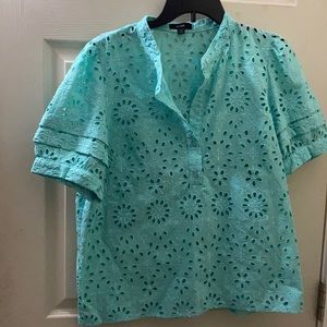 Aqua dressy floral blouse with ruffle sleeves
